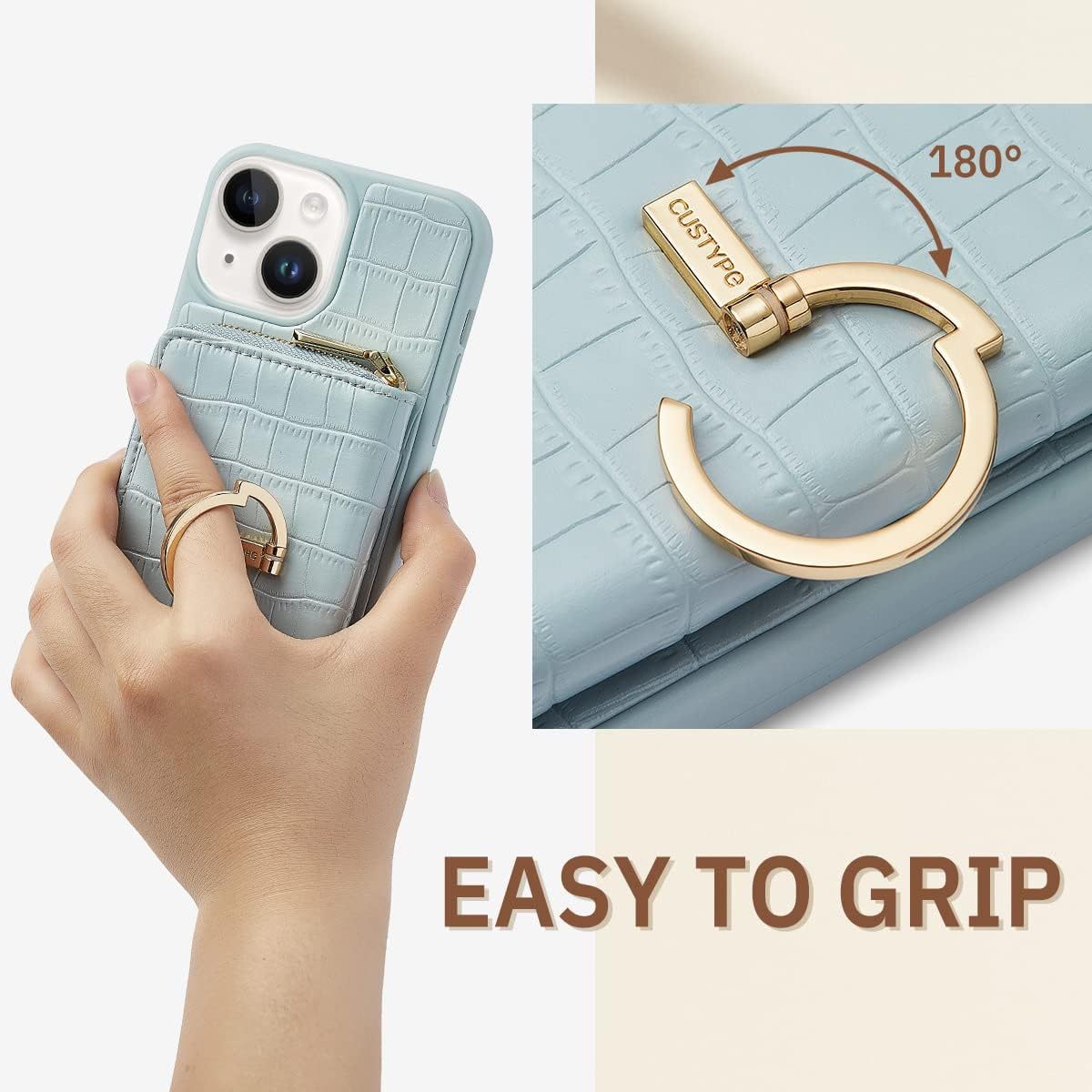 CUSTYPE for iPhone 15 Case Wallet with Card Holder for Women, Crossbody Zipper Case with Strap Wrist, Protective Leather Case Purse with Ring for Apple iPhone 15 6.1inch, Blue