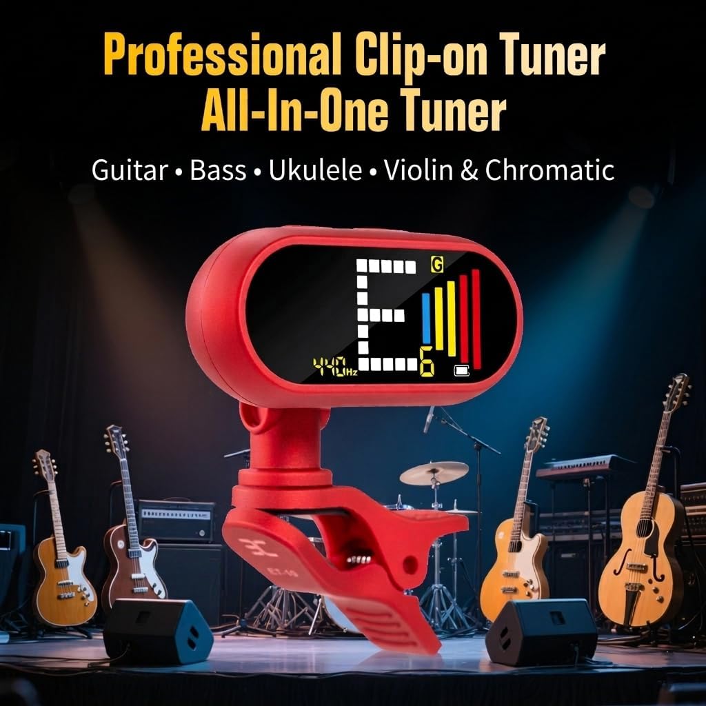 EX Professional Rechargeable Guitar Tuner Clip On, Accurate & Fast Tuner with Color LCD for Acoustic/Electric Guitar, Bass Guitar, Ukulele, Violin & Chromatic, Red