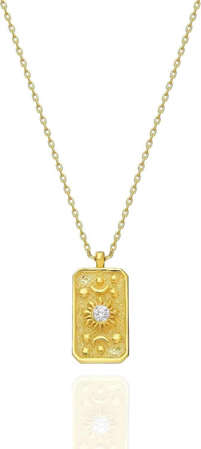 Vintage Tarot Necklace - The Sun, The Moon, Time (Carpe Diem) - Gold and Diamond Pendant with Extendable Gold Chain. Minimal, Chic and Meaningful, UNISEX Lucky Necklace