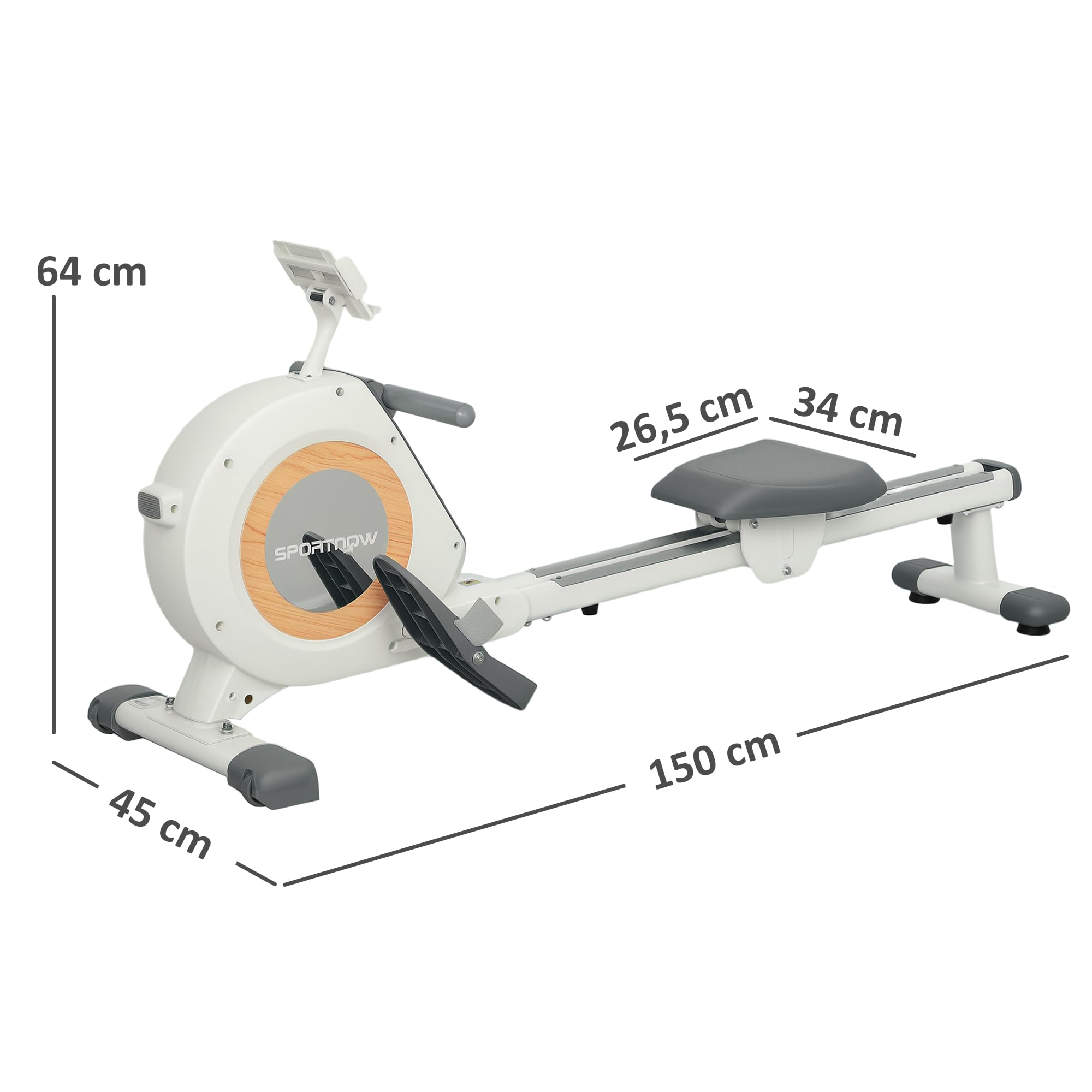 SPORTNOW Rameur magnétique à 16 Niveaux de résistance, rameur d'appartement Ultra Silencieux avec Support de téléphone et écran LCD, Stockage Vertical, Charge Max. 150 kg, Blanc et Gris