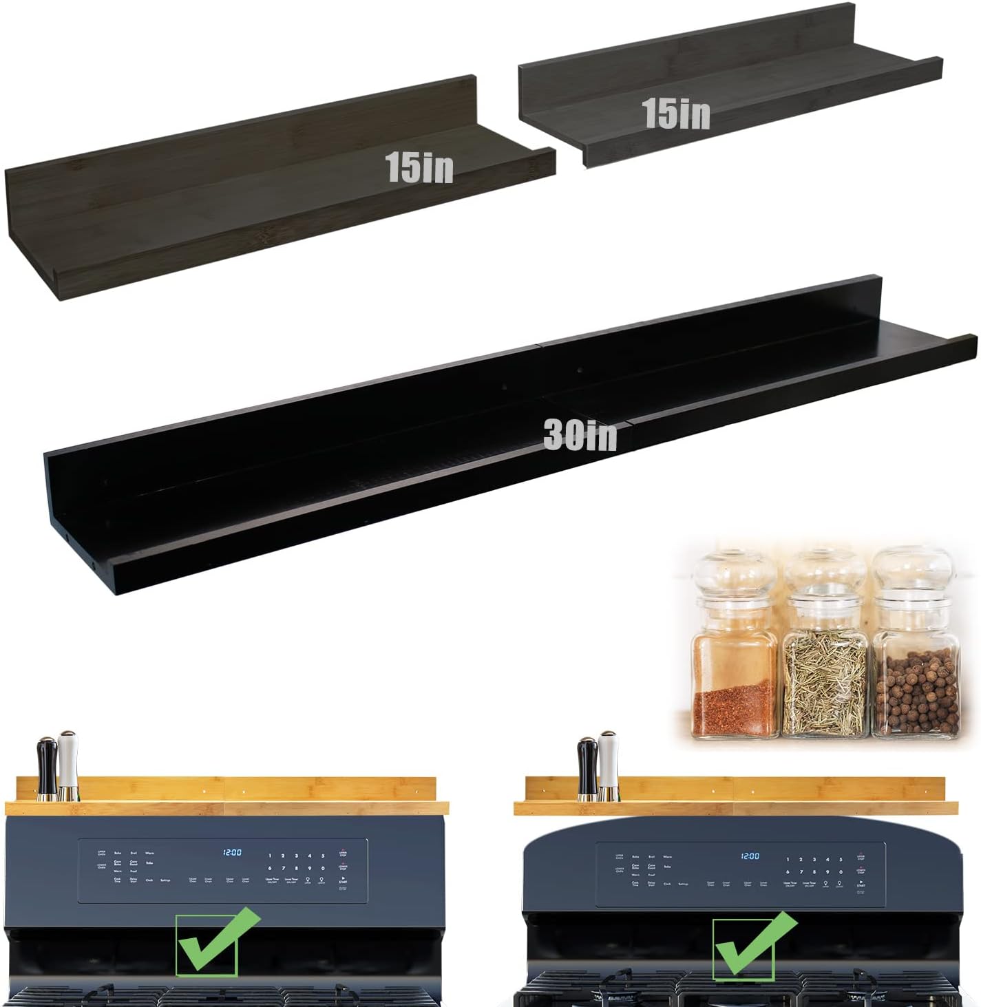 DIKOO Stove Top Shelf Wood for Kitchen Stove, 2 pack 15 inch Over the Kitchen Shelf