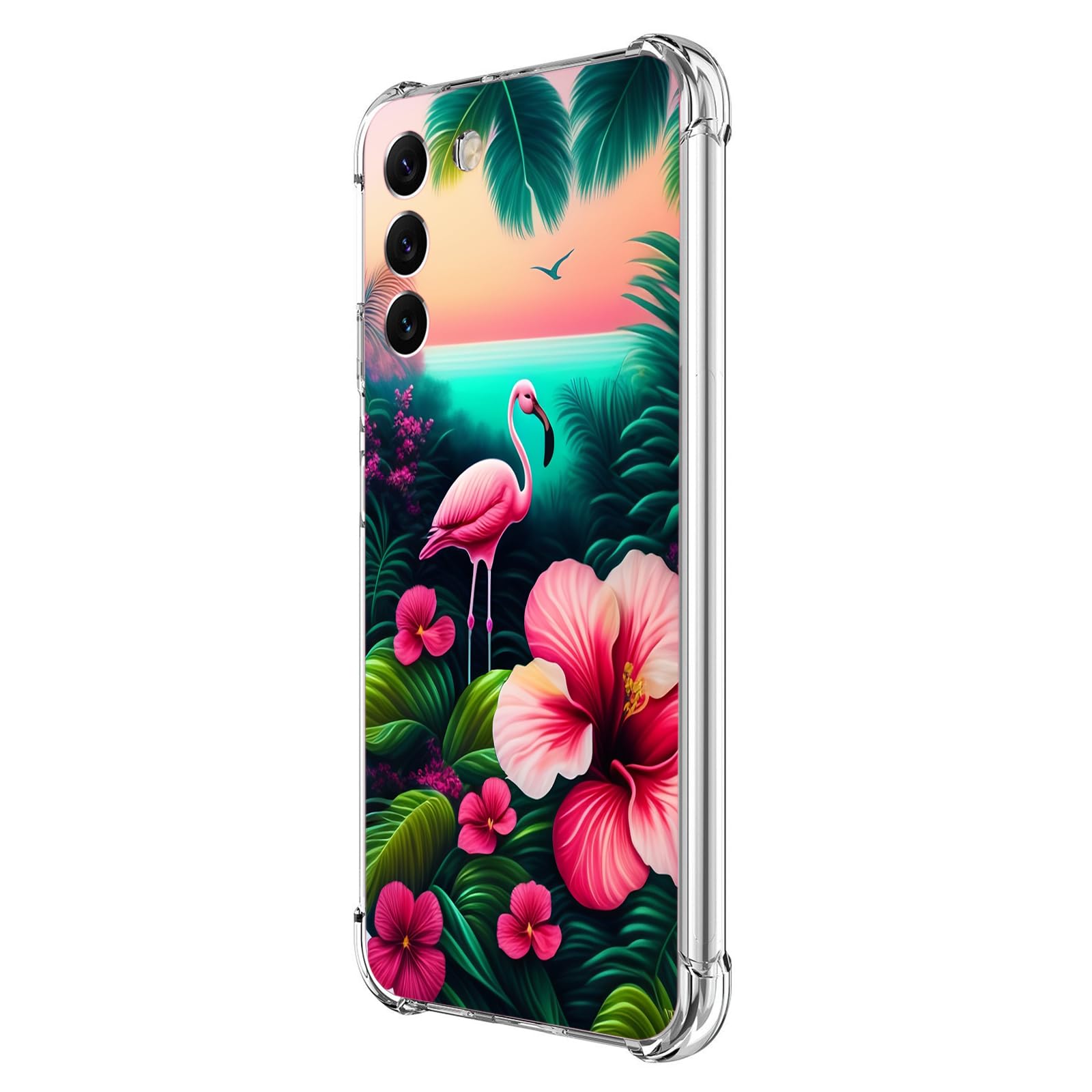 Beaucov Galaxy S24 Case,Pink Flamingo Flowers Bird Drop Protection Shockproof Case TPU Full Body Protective Scratch-Resistant Cover for Samsung Galaxy