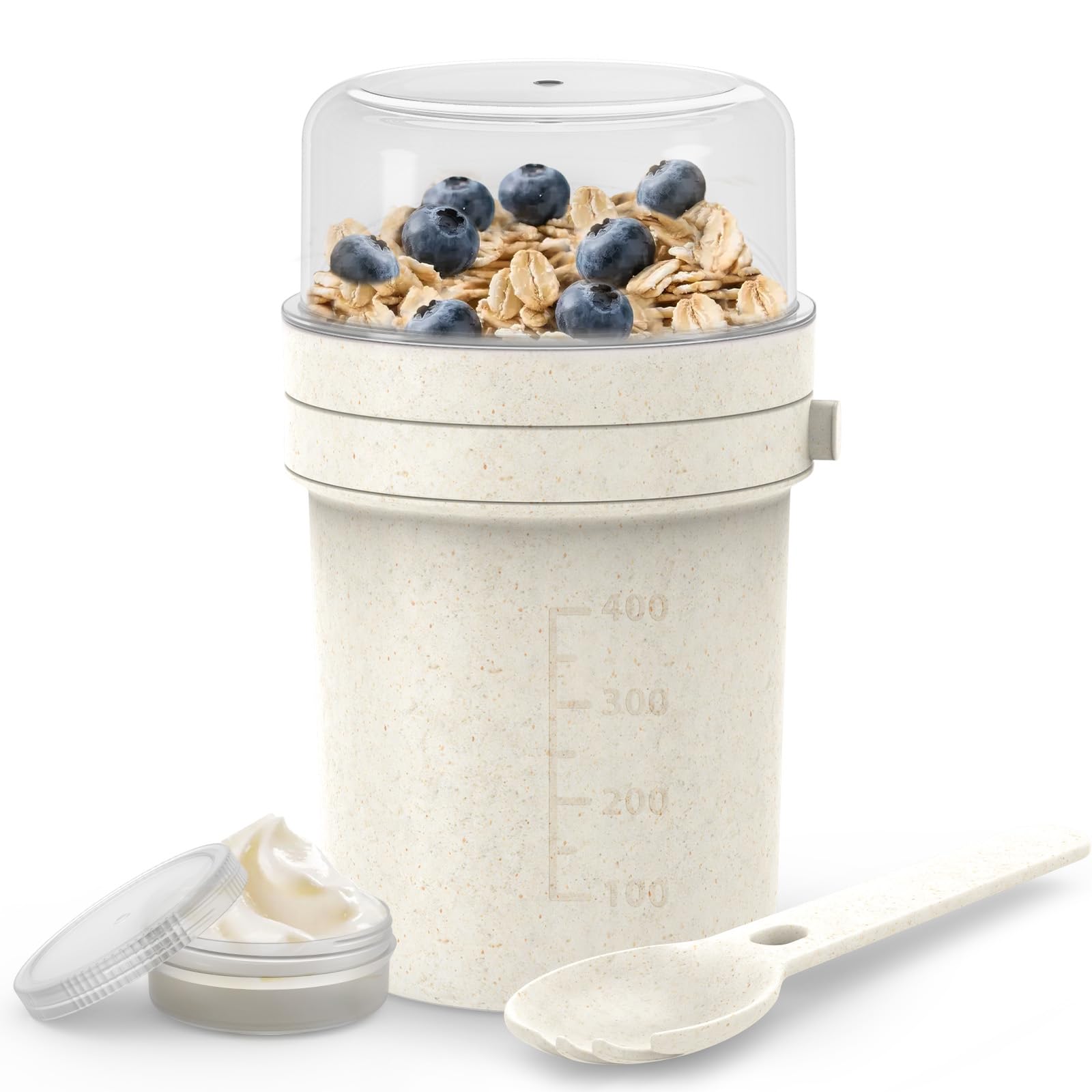 MRUN BONE Müslibecher To Go mit Gabel-Löffel, Auslaufsichere Joghurtbecher To Go, Müslibecher für Unterwegs, Arbeit, Schule, Picknick, 450ml+250ml, (Haferweiß)