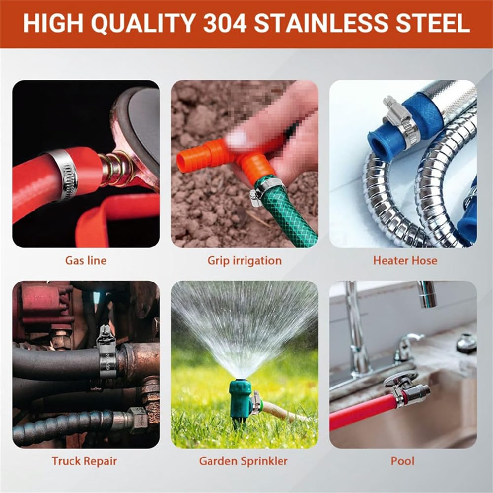 Abrazaderas de manguera resistentes de 3/8" a 5/8" - Abrazaderas de tornillo sin fin ajustables de acero inoxidable 304 para vehículos y jardines, 27,1 mm