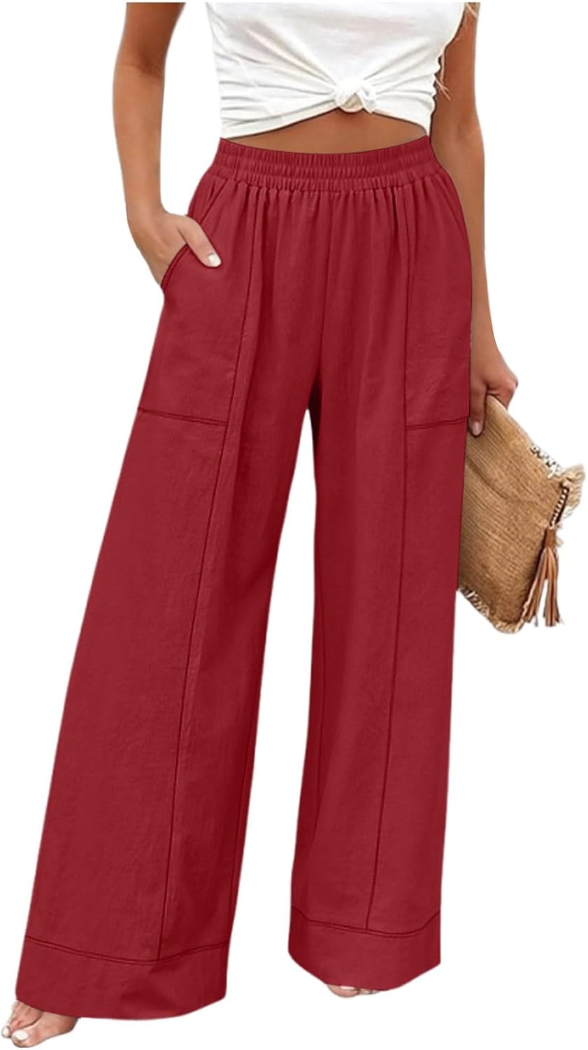 Womens Casual Wide Leg Pants High Waist Palazzo Flowy Trousers Summer Beach Vacation Outfits with Pockets