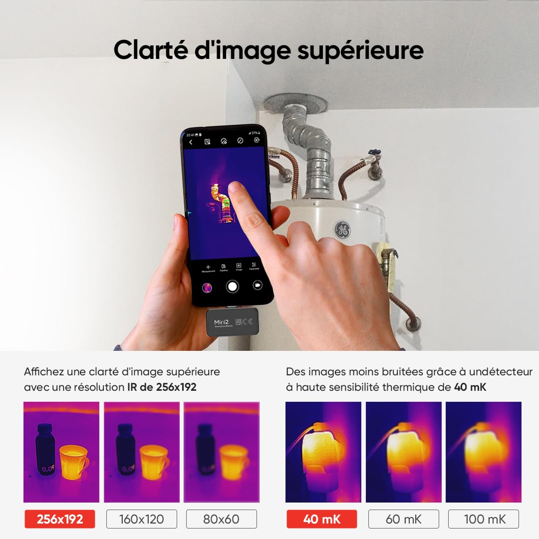 HIKMICRO Mini2 Caméra thermique Android, résolution IR 256 x 192, caméra thermique, fréquence de rafraîchissement 25Hz, angle de vue 50°, 49 152 pixels, -20°C à 350°C, USB-C(pas pour iphone).