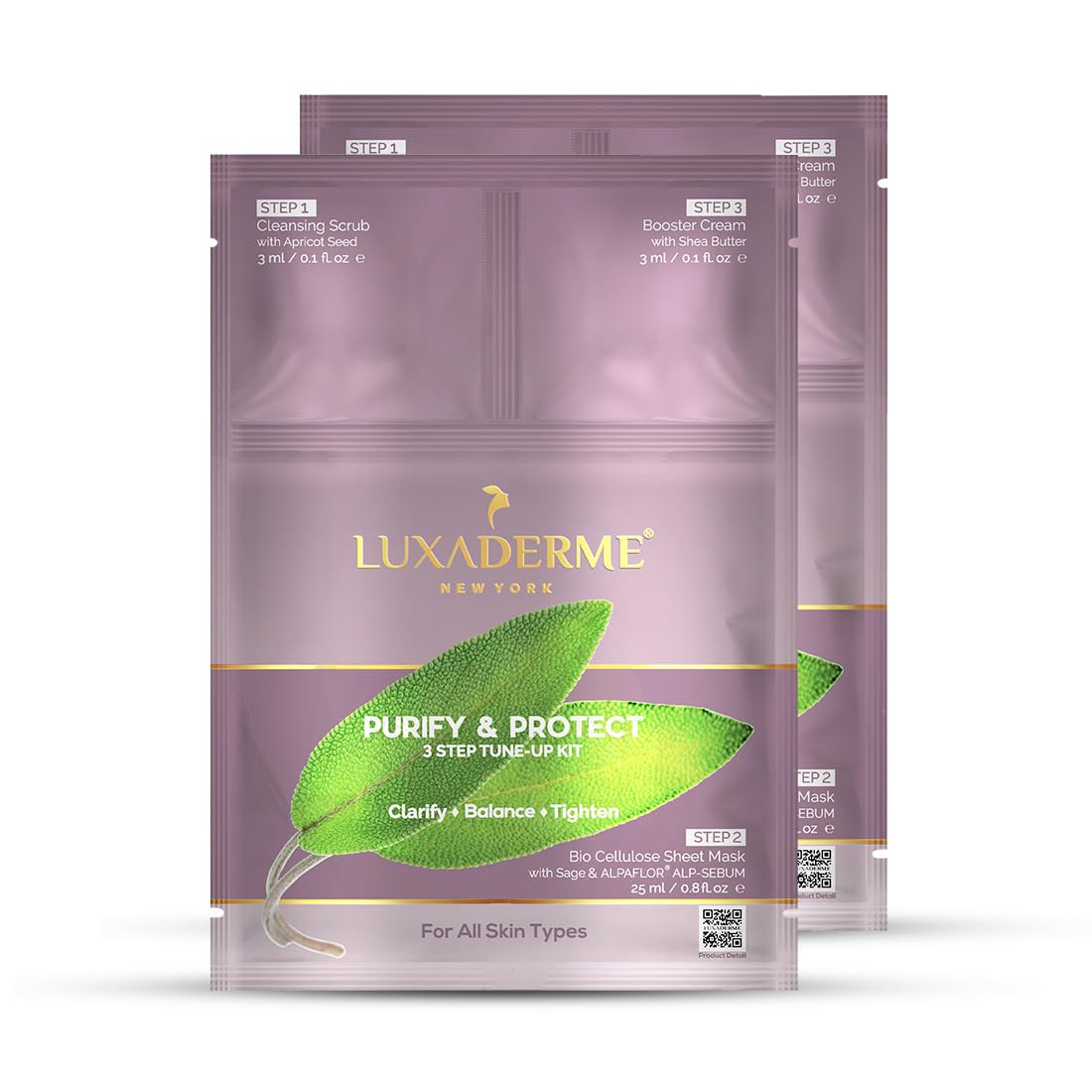 LuxaDerme Purify & Protect 3 Step Tune-Up Kit - Cleansing Scrub, Bio Cellulose Sheet Mask, Booster Cream (Pack of 5)