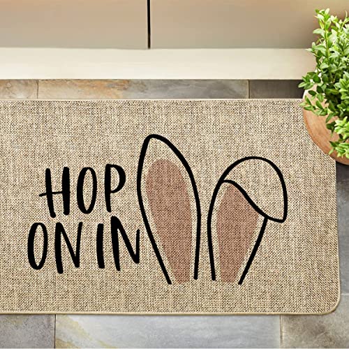 Gagec Happy Easter Door Mat Hop On In Easter Doormat Cute Bunny Ears Entrance Rugs Spring Farmhouse Indoor Bathroom Home Kitchen Decorations Floor Front Door Mat Outdoor 17 X 27 Inch #TOP4