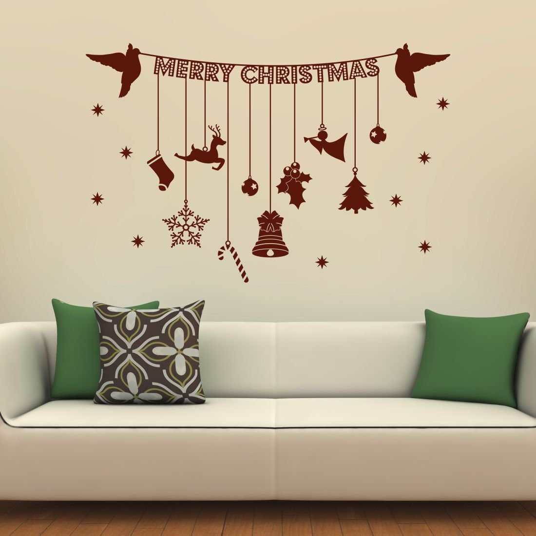 Asian Paints Wall-Ons, 'Christmas Sticker Hanging with Decorative Ornaments' Decal, DIY Removable Peel and Stick UV Printed Wall Sticker - 'Covers H 1 ft x W 2.5 ft', Home Décor