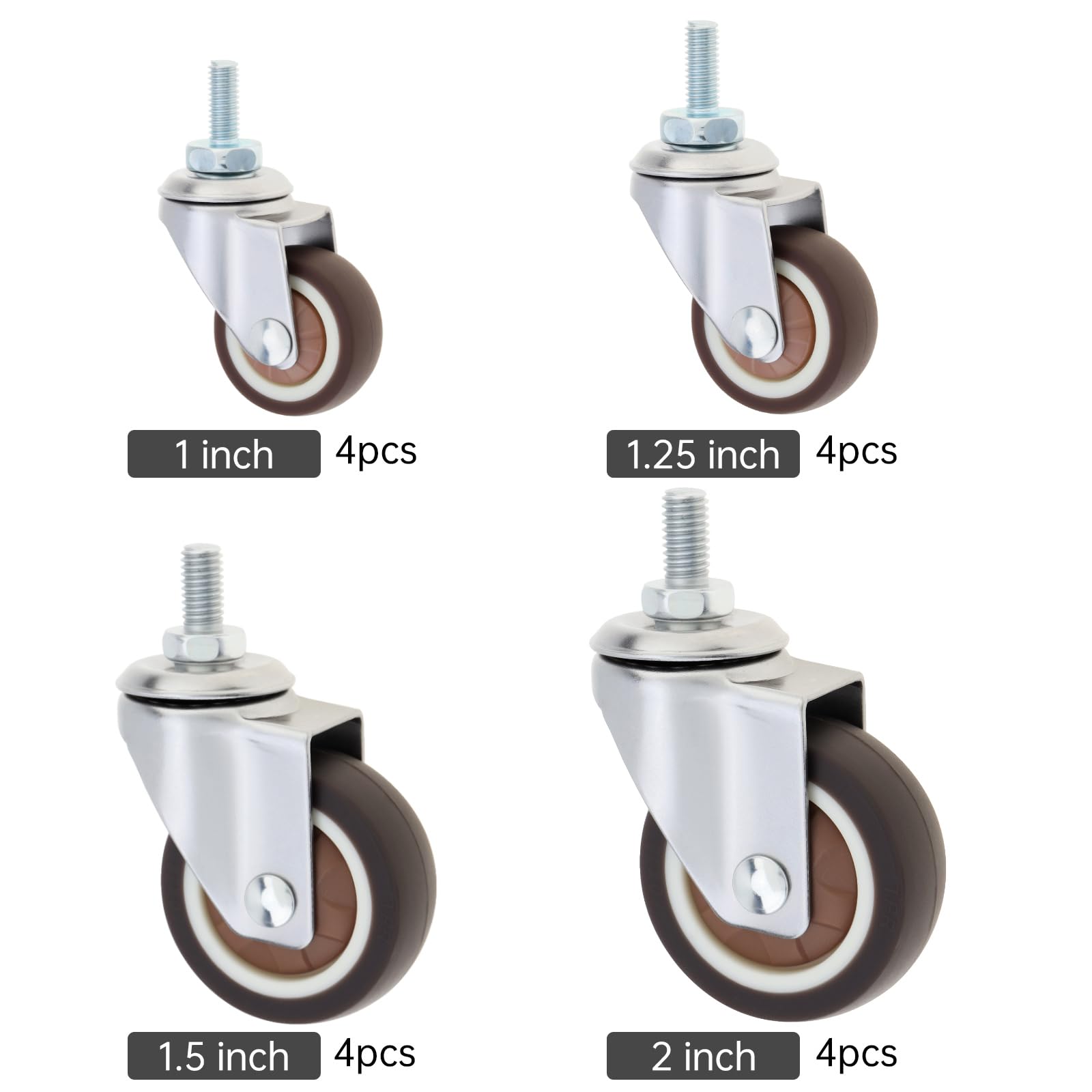 Juego de 4 Ruedas giratorias pequeñas de Goma TPR de 1,5 Pulgadas con rodamientos de Bolas para Muebles sin Freno (Color café, 1,5" M8 x 15 sin Freno)