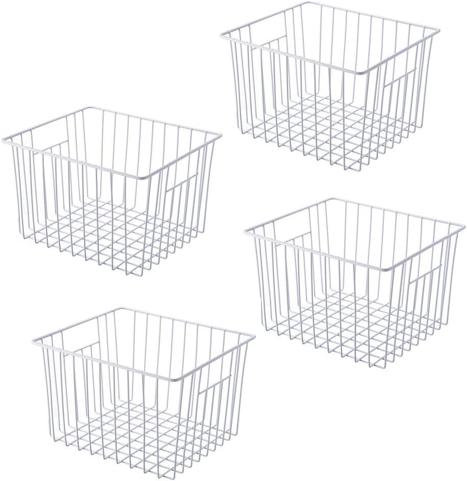 Freezer Organizer Bin, Kitchen Metal Wire Storage Basket, Pantry Cupboard Household Container Divider with Handles, Bathroom, Closet, Bedroom, Office, Rustproof - White（4）