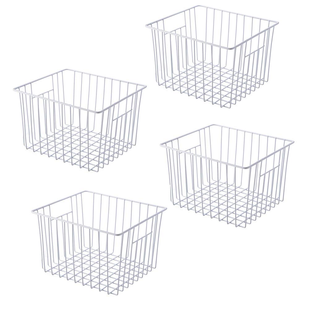 Y.Z.Bros Freezer Organizer Bin, Kitchen Metal Wire Storage Basket, Pantry Cupboard Household Container Divider with Handles, Bathroom, Closet, Bedroom, Office, Rustproof - White?4?