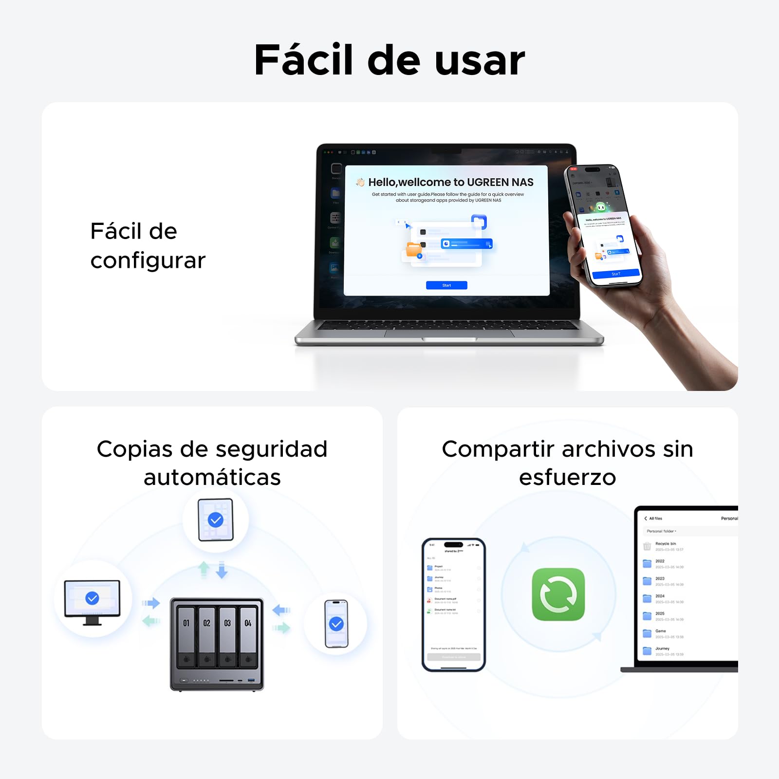 UGREEN NASync DXP4800, NAS de Escritorio de 4 bahías, CPU Intel N100 de Cuatro núcleos, 8 GB de RAM DDR5, 32 GB eMMC, 2 Ranuras de 2,5 GbE, 2 Ranuras M.2 NVMe, HDMI 4K (sin Disco) (DXP4800)