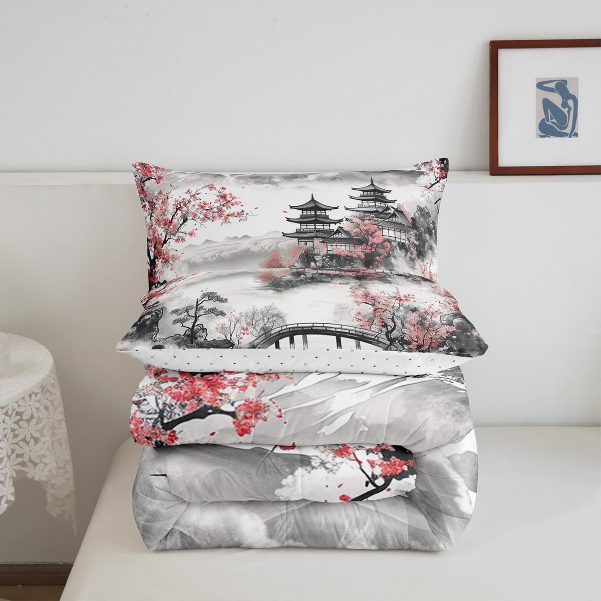 Erosebridal Queen Japanese Style Comforter Set, Cherry Blossoms Down Comforter for Kids Girls Teens Adult Women, Sakura Mount Fuji Bedding Set Vintage Ink Painting Quilt with 2 Pillow Cases