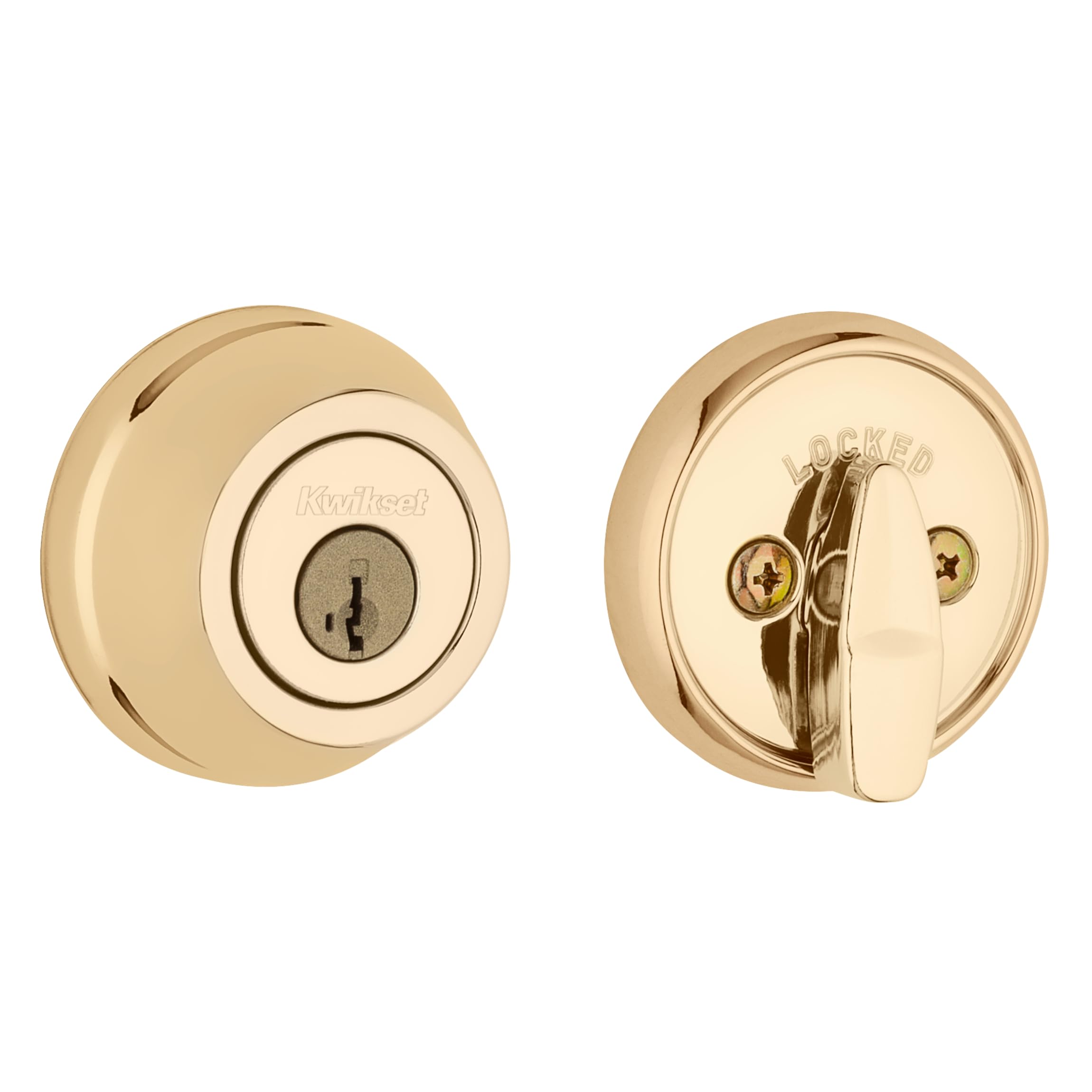 Kwikset 780 Deadbolt Lock, Polished Brass Round Exterior Keyed Front Entry Door, Pick Resistant SmartKey Rekey Security, Single Cylinder Dead Bolt, with Microban Protection