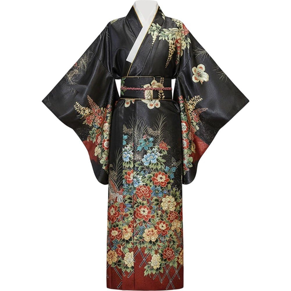 Kimono tradicional japonés cómodo para mujer con estampado floral y cinturón obi ajustable