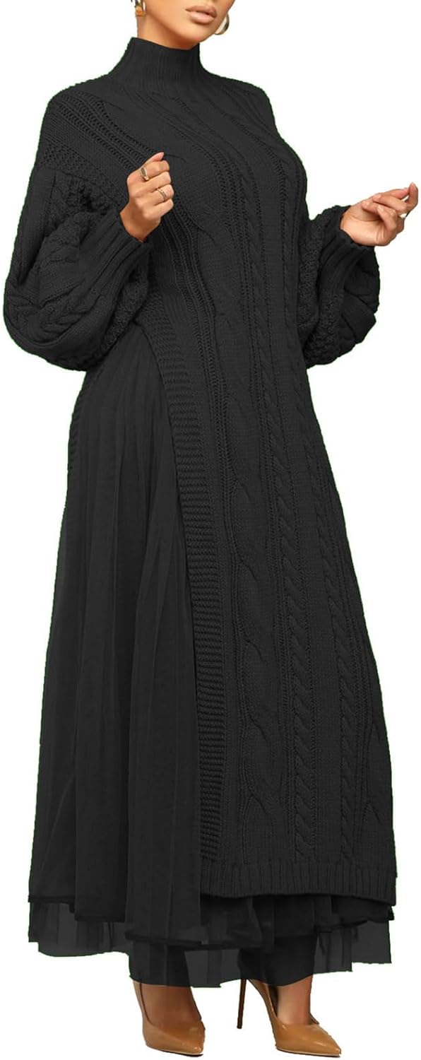 KANSOON Women Two Piece Outfit Set Oversized Heavy Knit Sweater with Tulle Maxi Skirt Fall Winter Outfits