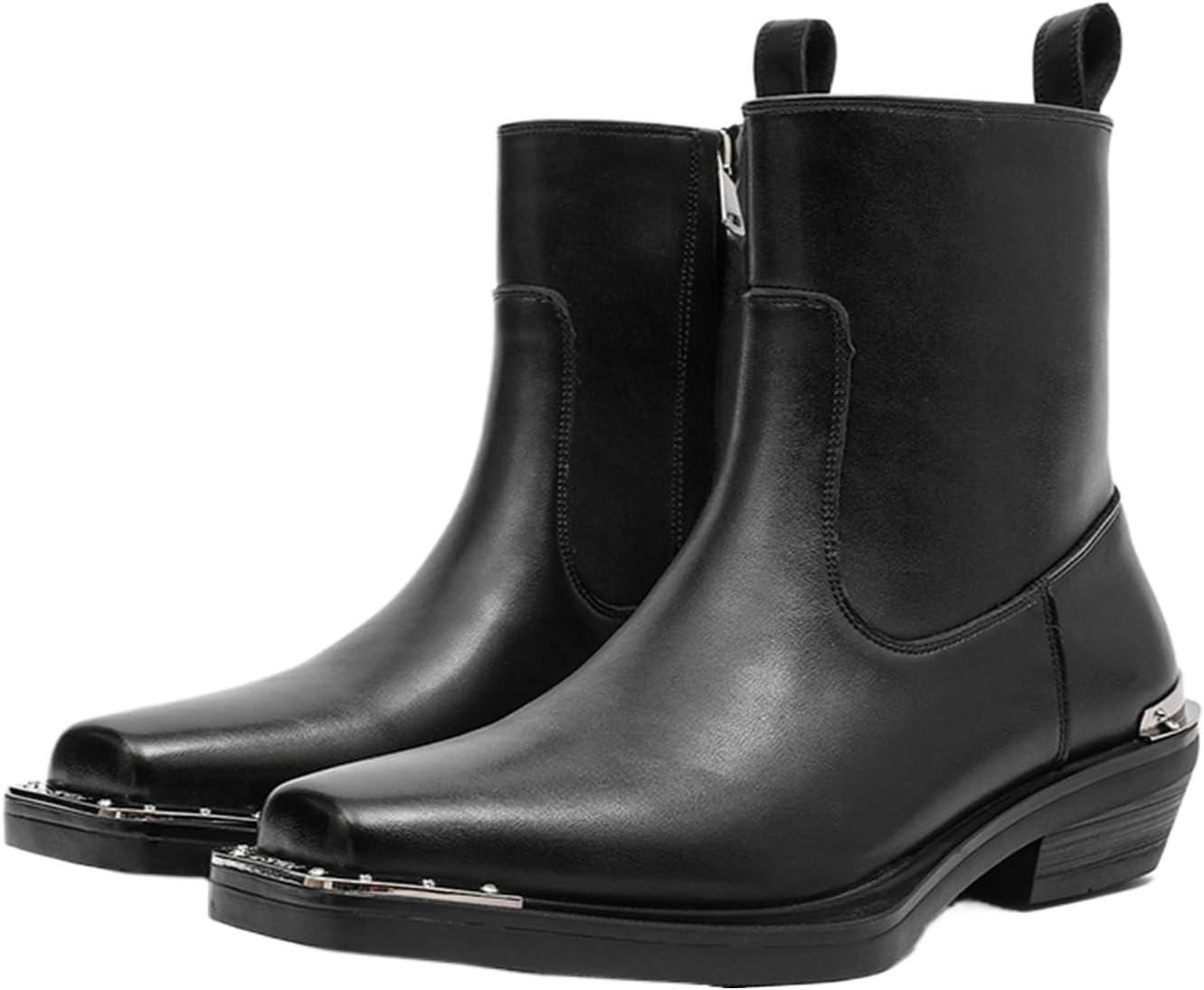 Men’s Leather Side-Zip Chelsea Boots With Metal Decoration Square Toe Block Heel Comfortable Non-Slip Casual Boot For Daily Working Events Wedding Party