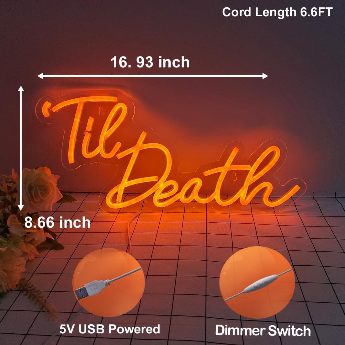 Britrio Til Death Neon Light Sign for Halloween Wedding Party Engagement Bridal Shower Banner,Bedroom Wall Decor Light 5V USB Powered with Switch 17 IN Orange