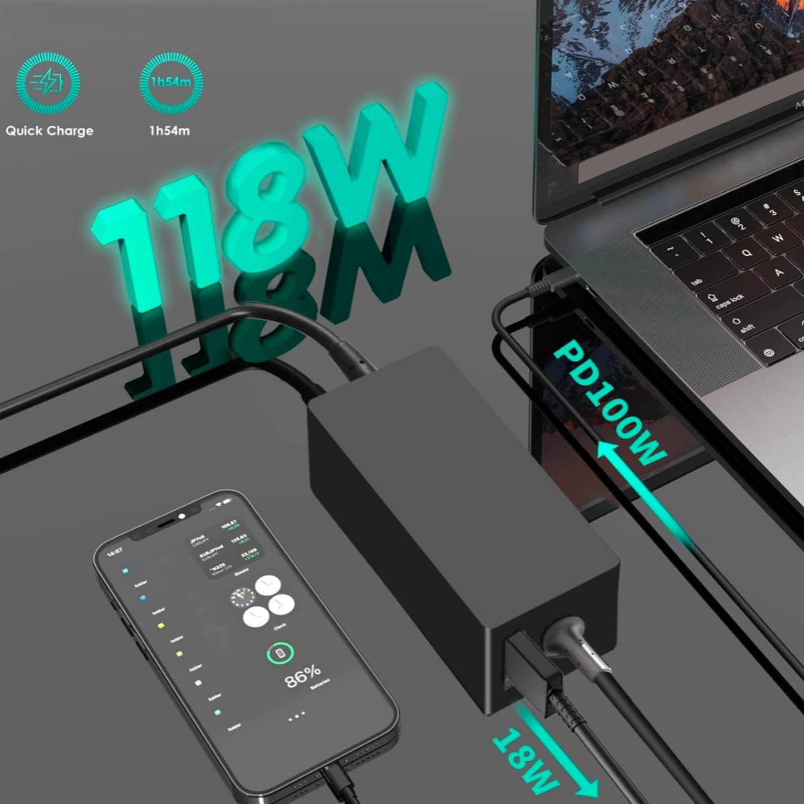 Potente caricabatterie da auto da 100 W, ricarica rapida USB C per laptop, smartphone, design adatto ai viaggi, adattatore per auto a ricarica rapida per computer portatili