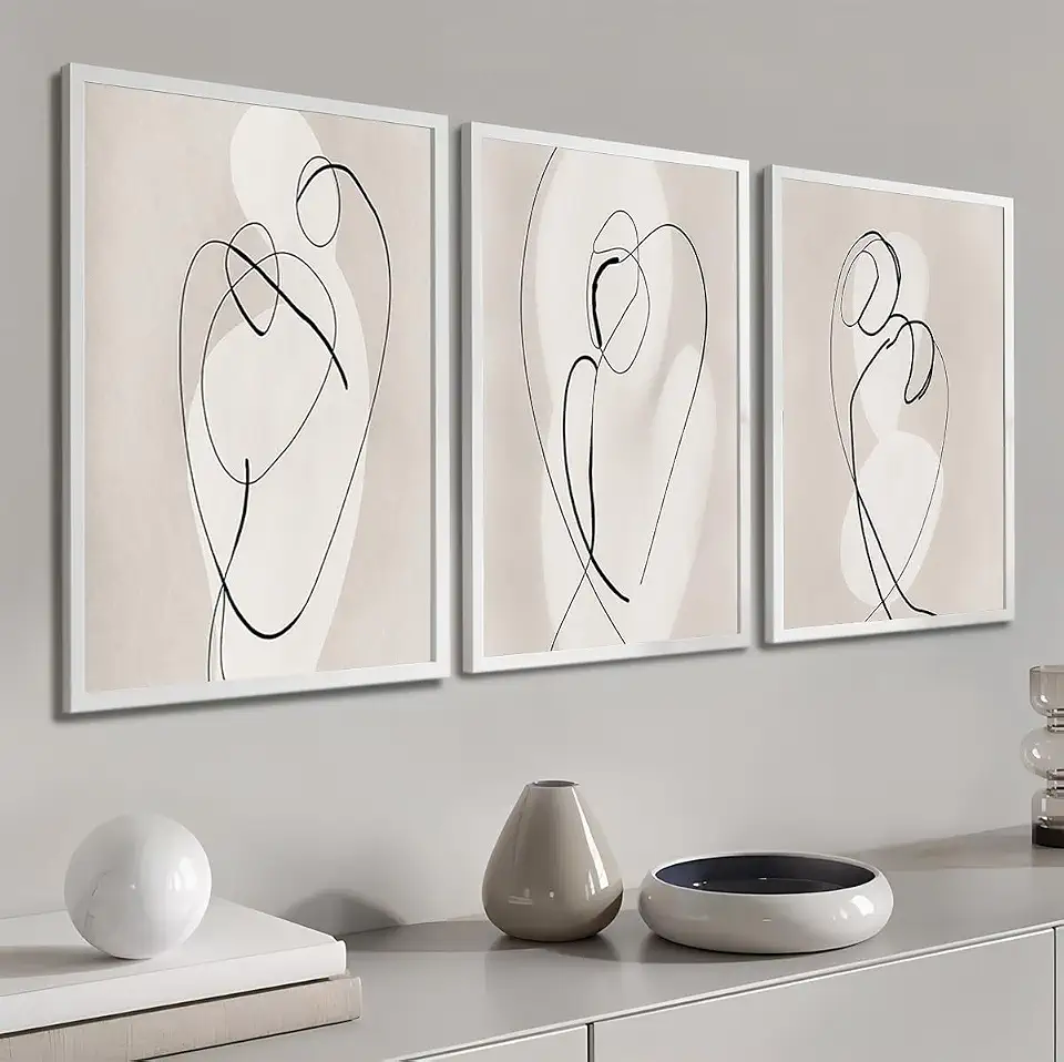Kit 3 Quadros Arte Minimalista Riscos Forma Orgânica Moderno Decoração Casa Sala e Quarto (60x40cm, Branco)