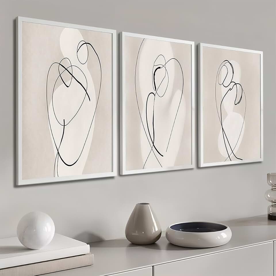 Kit 3 Quadros Arte Minimalista Riscos Forma Orgânica Moderno Decoração Casa Sala e Quarto (60x40cm, Branco)