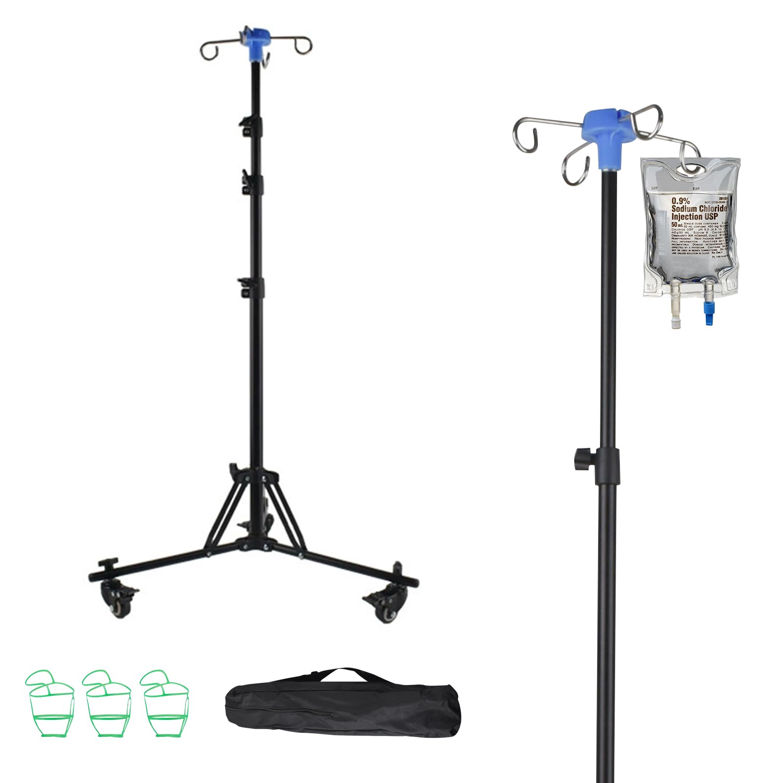Asta per Flebo,Supporto per Infusione con Ruote,con 4 Ganci e 3 Ruote Rimovibili,Portaflebo Portatile,Altezza Regolabile,per ospedale e Casa, Acciaio Inossidabile