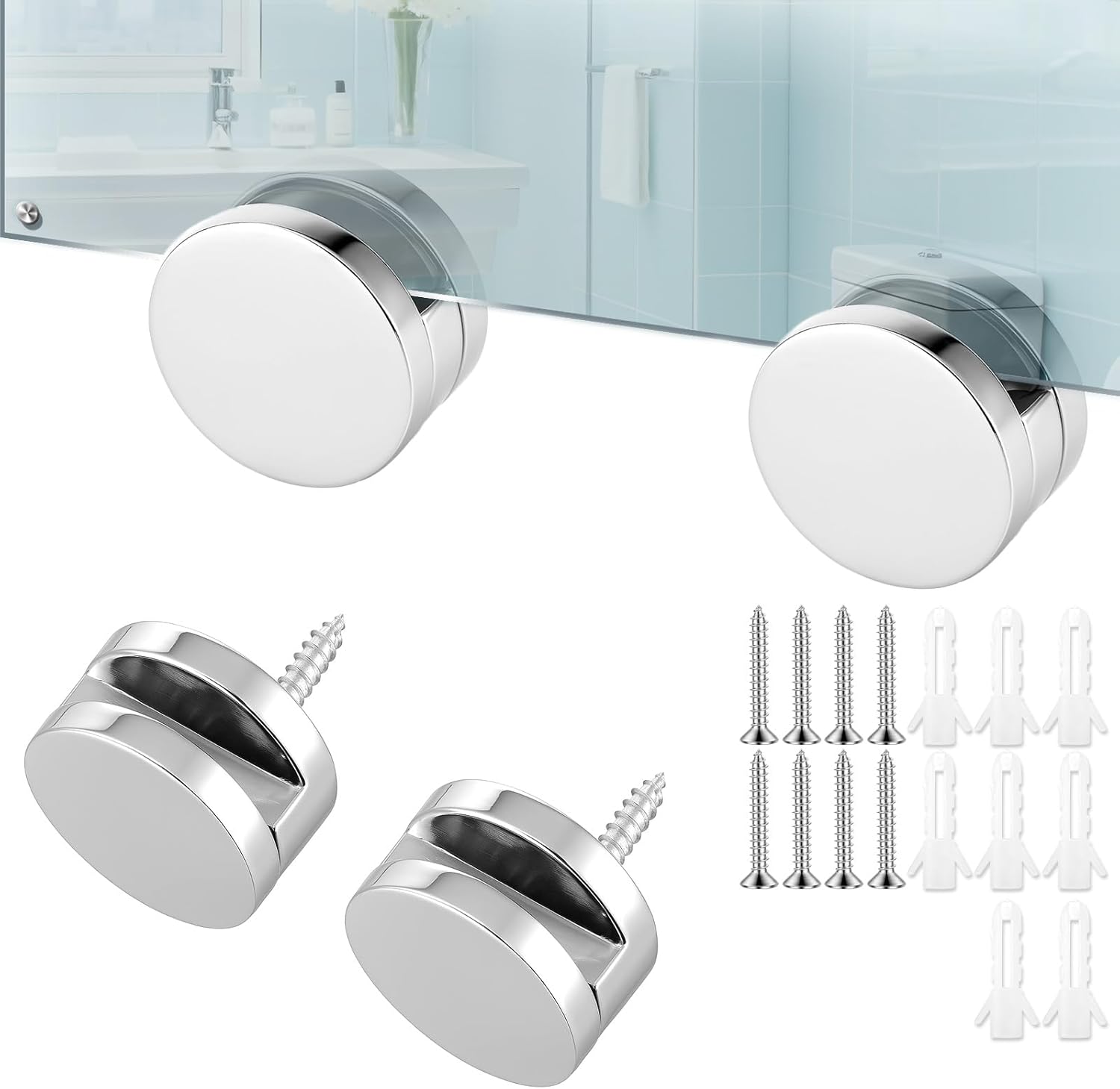 3-5mm Frameless Mirror Clips for Wall Mounting, 4 Pack Metal Round Mirrors Mounting Clips Heavy Duty Mirror Hanging Hardware Holders Clip with Long Screws & Anchors for Frameless Mirrors Wall-Mounting