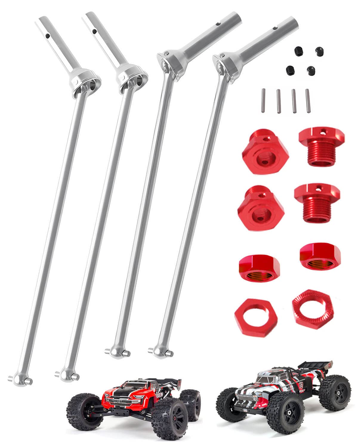 RCMYou Drive Shaft Axles Upgrades Part for Arrma 1/8 Kraton 6S BLX,Outcast 6S BLX,#45 Steel 4PCS Front Rear CVD Driveshaft Silver,w/Wheel Hex Nuts Red