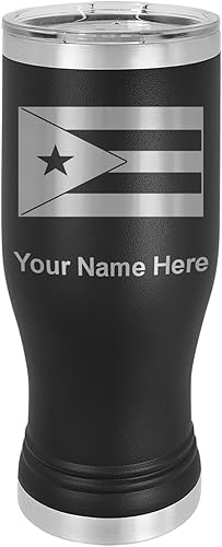 LaserGram Taza Pilsner aislada al vacío de 20 onzas, bandera de Puerto Rico, grabado personalizado incluido (negro)