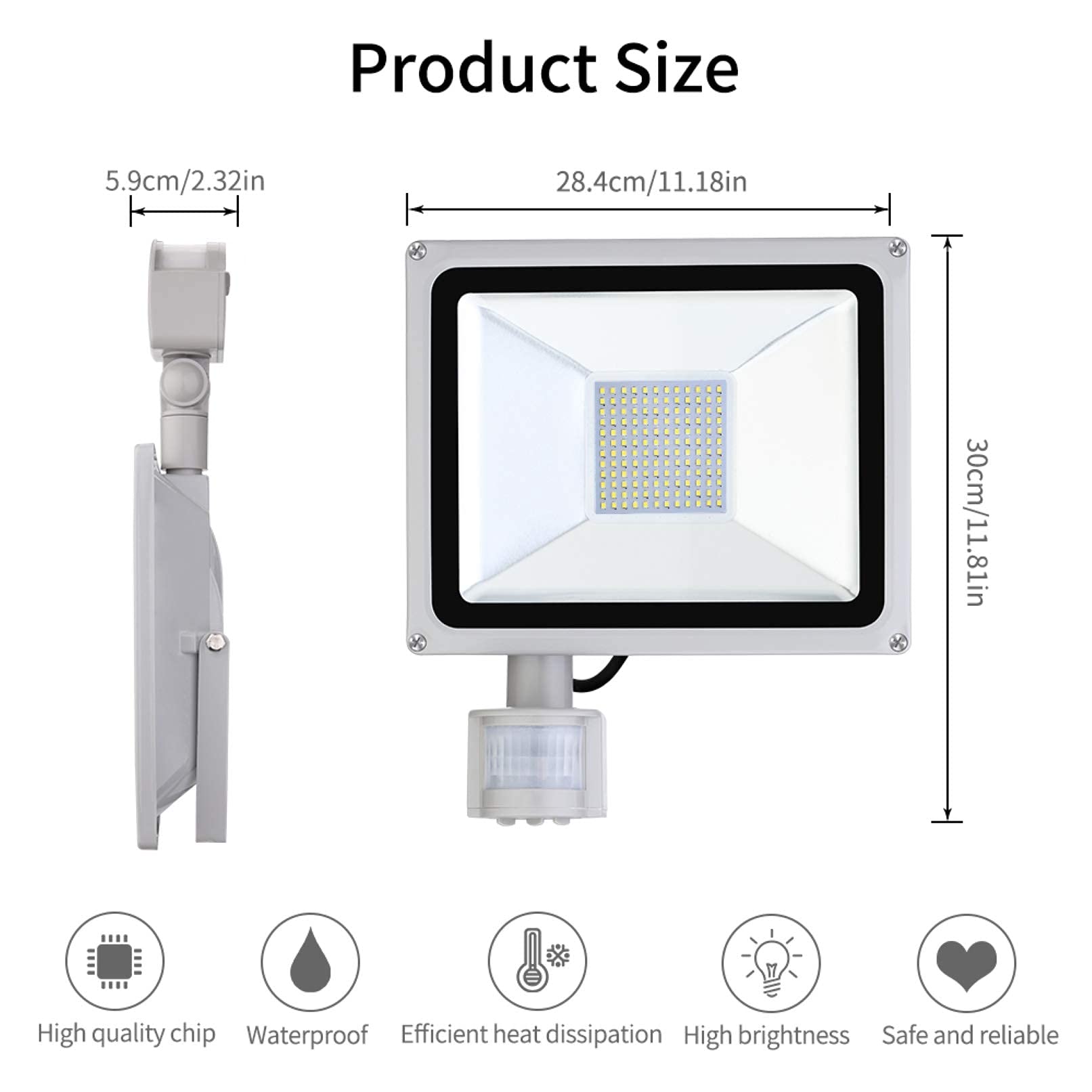 Focos Led De Luz Blanca Diurna De 100 W, Luces De Seguridad Impermeables Ip65, Luz De Trabajo De 8000 Lúmenes Y 6500 K con Sensor Pir, Ideal para Estanques De Jardí