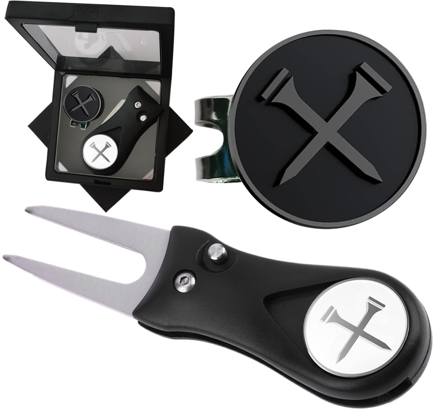 ADHERE Golf Ball Marker Green Fork Set Magnetic Hat Clip Gift Box