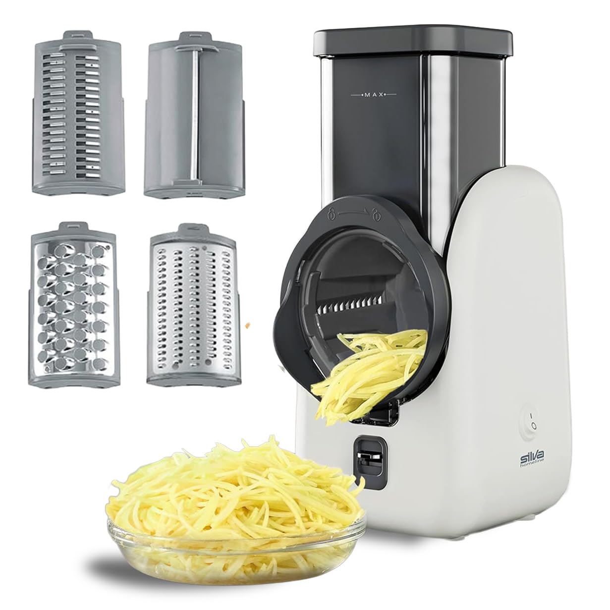 Silva Schneider SKR 800 Rallador Eléctrico de Cocina – 80 W, 4 Accesorios de Corte, Cuchillas Giratorias de Acero Inoxidable, Diseño Seguro sin Contacto con las Cuchillas, Fácil Limpieza – Blanco/Gris