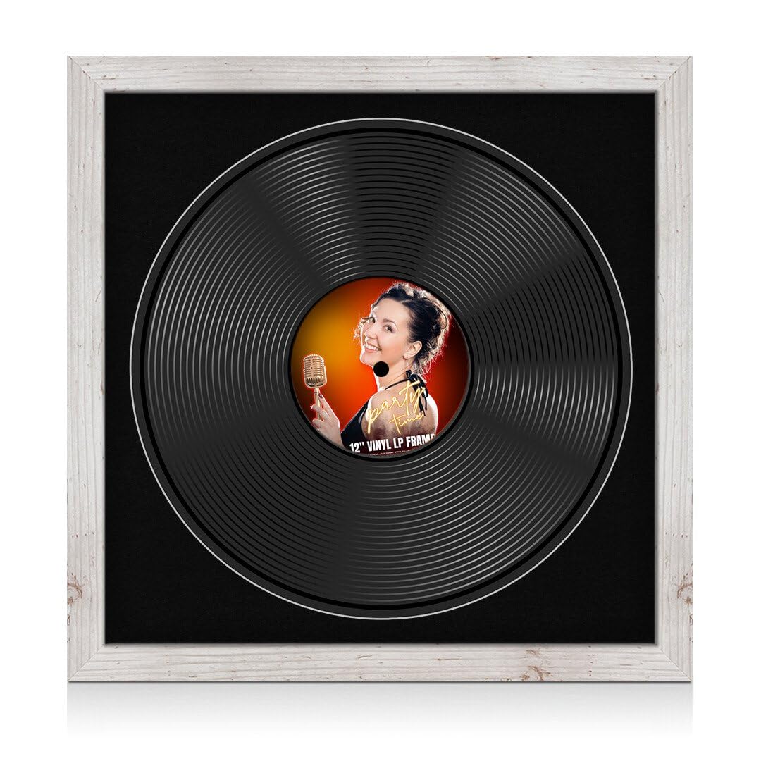 Procut Global 16X16" White Rustic Vinyl Record Frame for 12 Inch LP Disc- Round Display Photo Frame for Vinyl CD Records - Engineered Wood, Shatterproof Perspex Front -Music Lover Gift & Home Décor