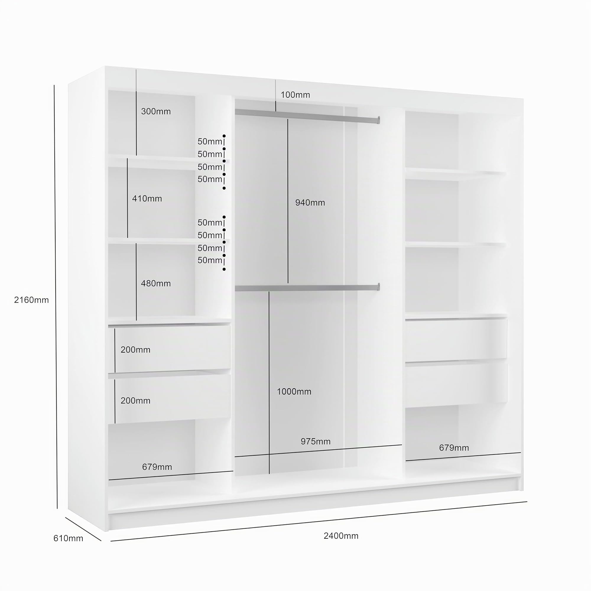 Kleiderschrank Vex mit Spiegel, Organizer, Mehrzweckschrank, Schwebetürenschrank, Garderobenschrank, Kleiderstange, Kleiderständer, Flurschrank, 3-türig, Schrank, weiß, 240 cm