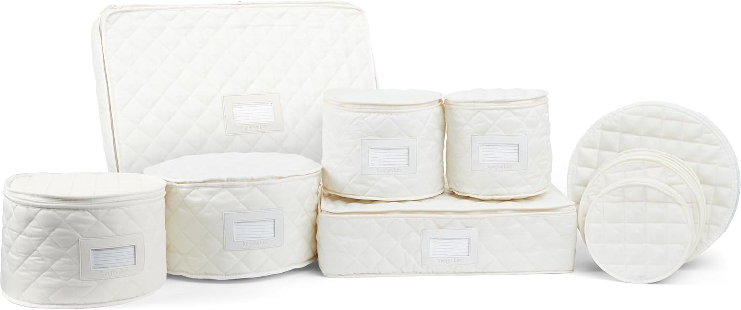 Covermates Keepsakes - Dish Storage Set - Padded Protection - ID Window - Stain Resistant - Machine Washable - China Storage, Cream