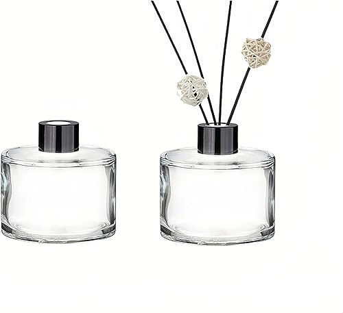 Juego de 2 botellas redondas difusoras de vidrio con tapas negras, frascos difusores vacíos recargables de vidrio, botellas difusoras de fragancia,