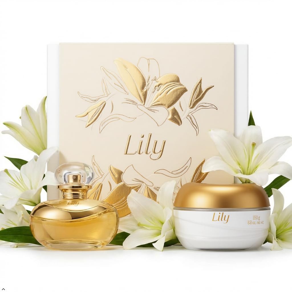 O Boticário Lily Coffret Regalo Set Profumo e Cura della Pelle con 2 Prodotti in Scatola Beige | Lily Crema Idratante Corpo Profumata Satinato 250 g e Lily Profumo Eau de Parfum EDP 75 ml