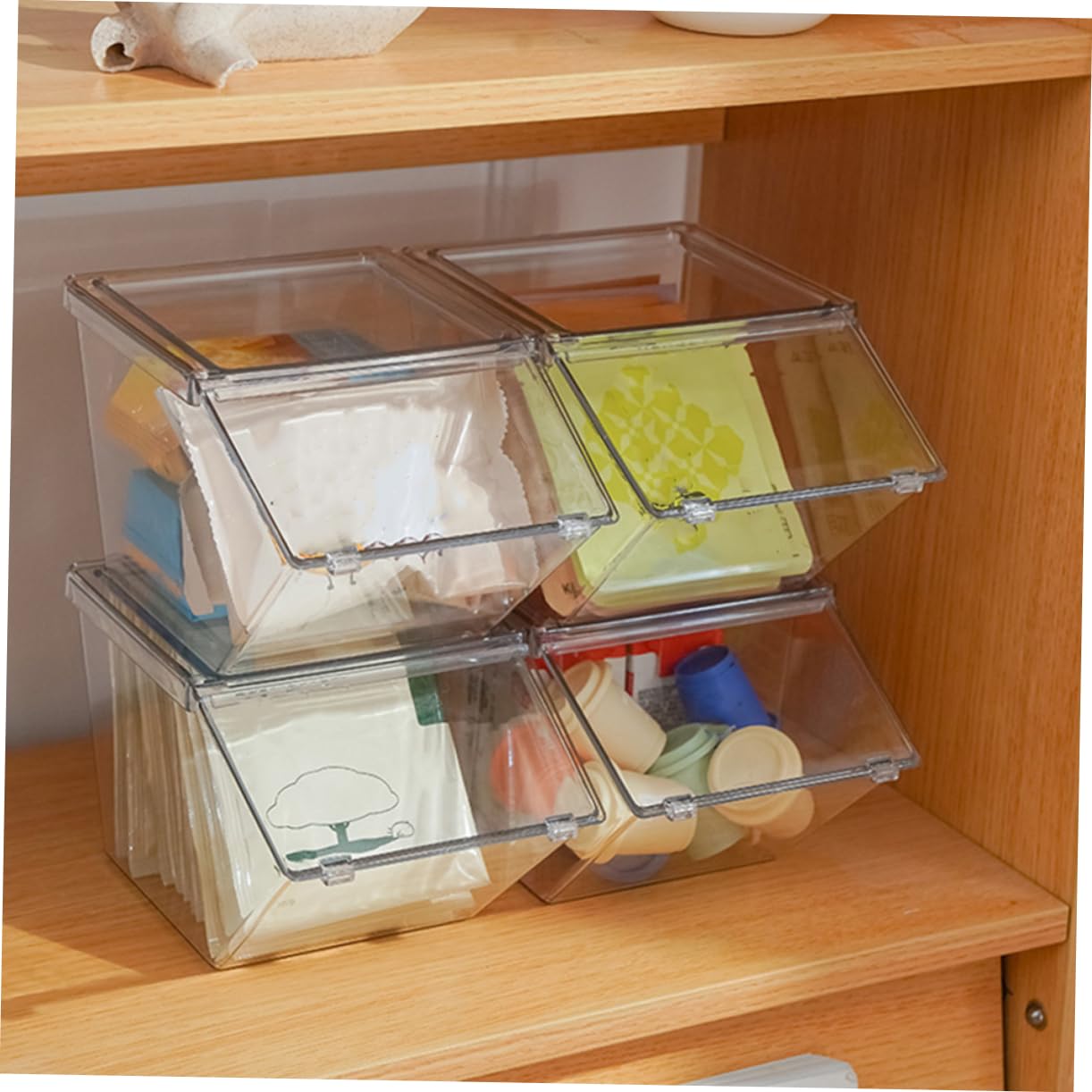 Cabilock Teebeutelbox mit Großem Offenen Fach und Deckel 4 Stück aus Acryl Stapelbarer Vorratskammer Organizer Einfaches und Elegantes Design für Küche als Theken Dekoration