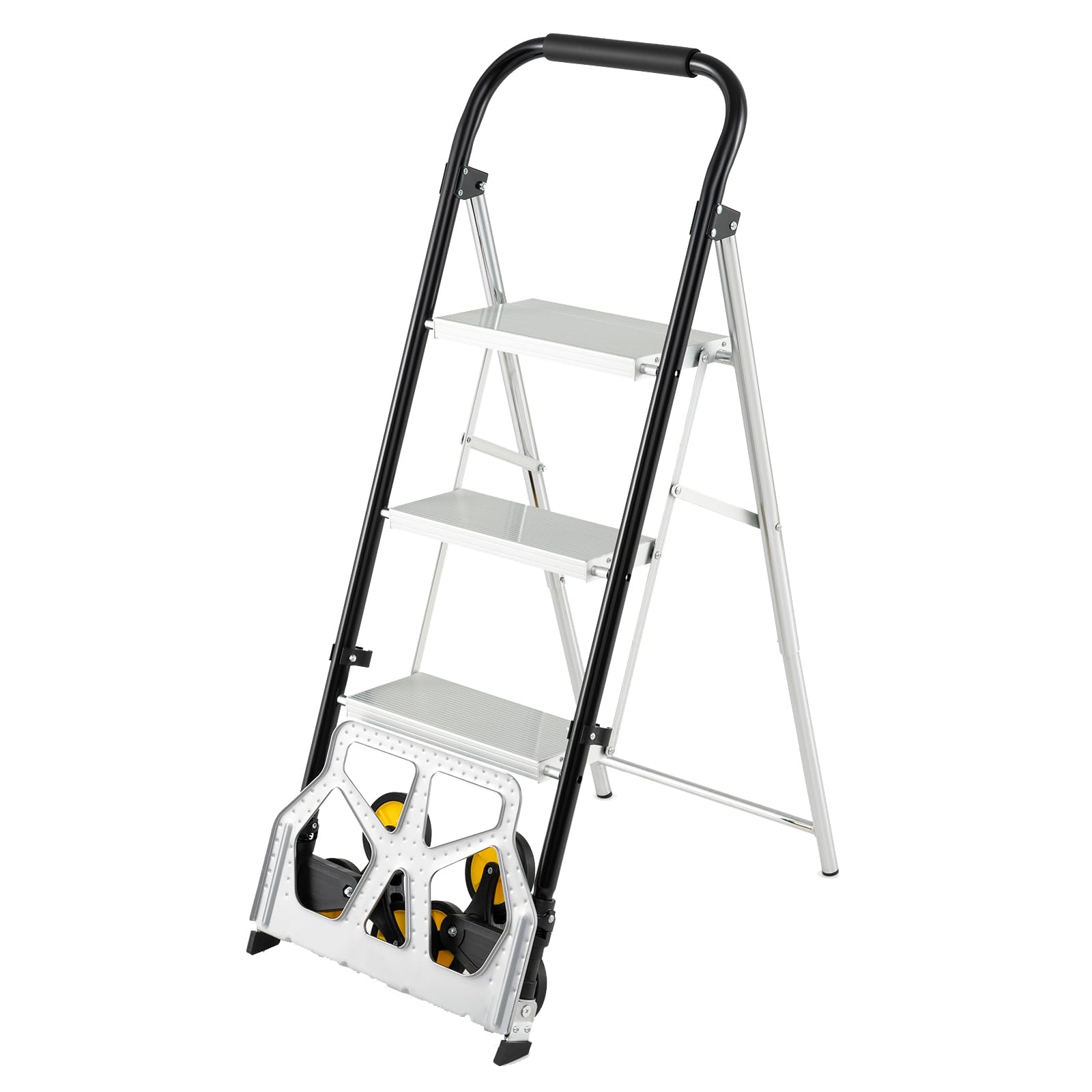 GOPLUS Carretilla Plegable 2 en 1, Escalera de 3 Peldaños de Aluminio con Pedales Antideslizantes, Carretilla de Transporte con Ruedas de Goma, Capacidad de 250 kg, para Hogar Almacén Oficina