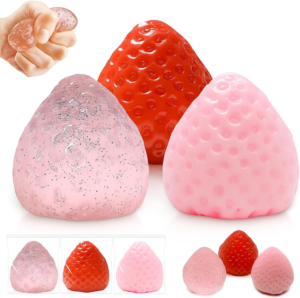 Big Taba Squishies Strawberry, Cute Kawaii Fruit Squeeze Toy, Slow Rising Stress Relief Fidget, Clear Sensory Squishy for Kids, Teens, Boys & Girls (3pcs)
