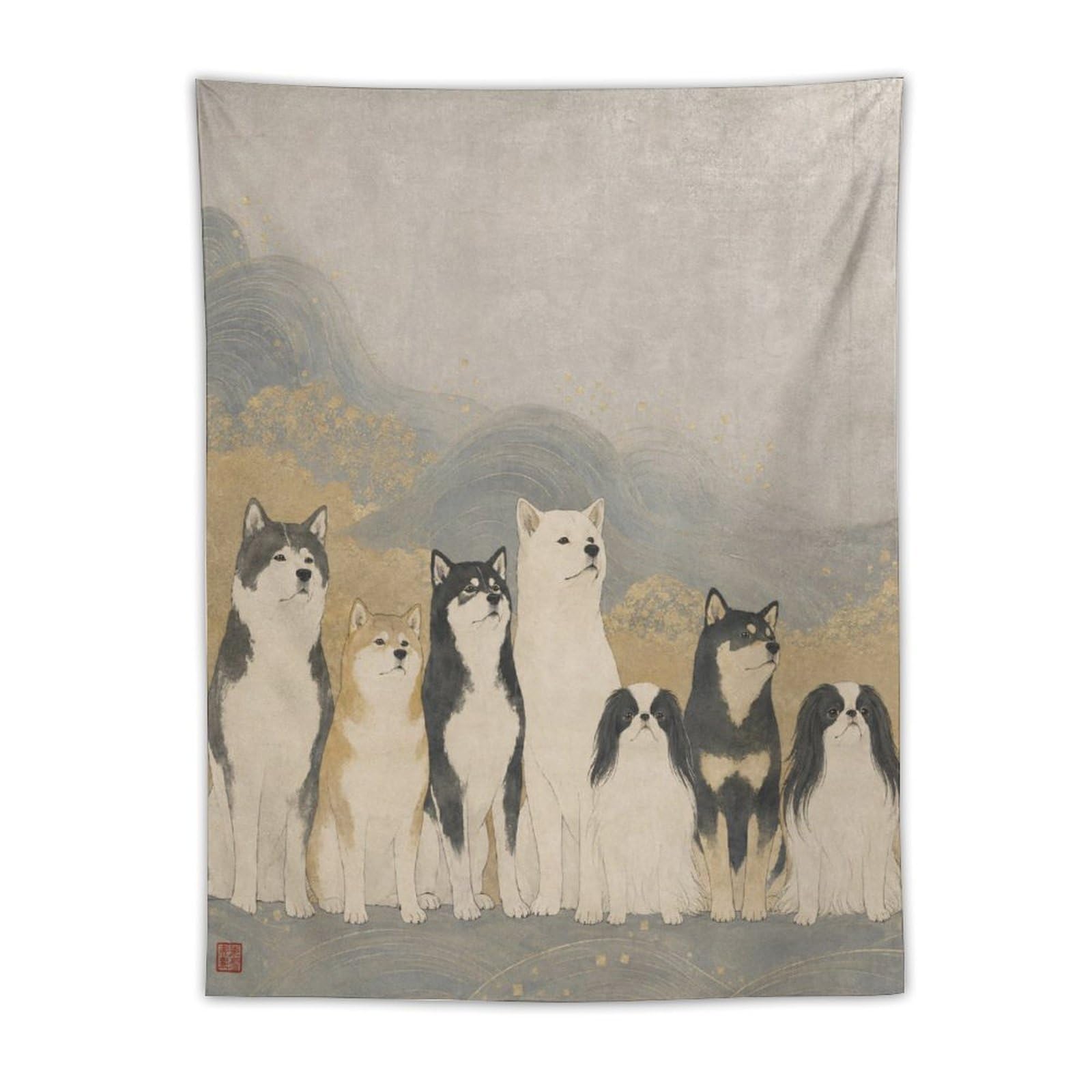 W7C8U2X3 Shiba Inu Group Wall Tapestry, Realistic Illustration, Dorm Room