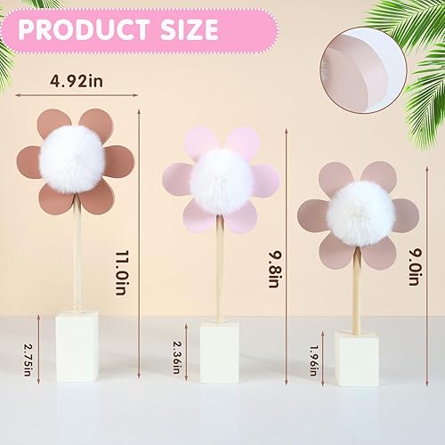 Miniatura 2 de Paquete de 3 unidades de decoración de estantes de margaritas, flores de madera con pompón, Pistil bohemio, decoración de habitación de bebé,