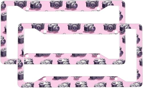 2 Pcs Car License Plate Frames for Women Men - Aluminum Solid Vintage Camera Pink Print License Plate Cover for Car Accessories for Women Men with