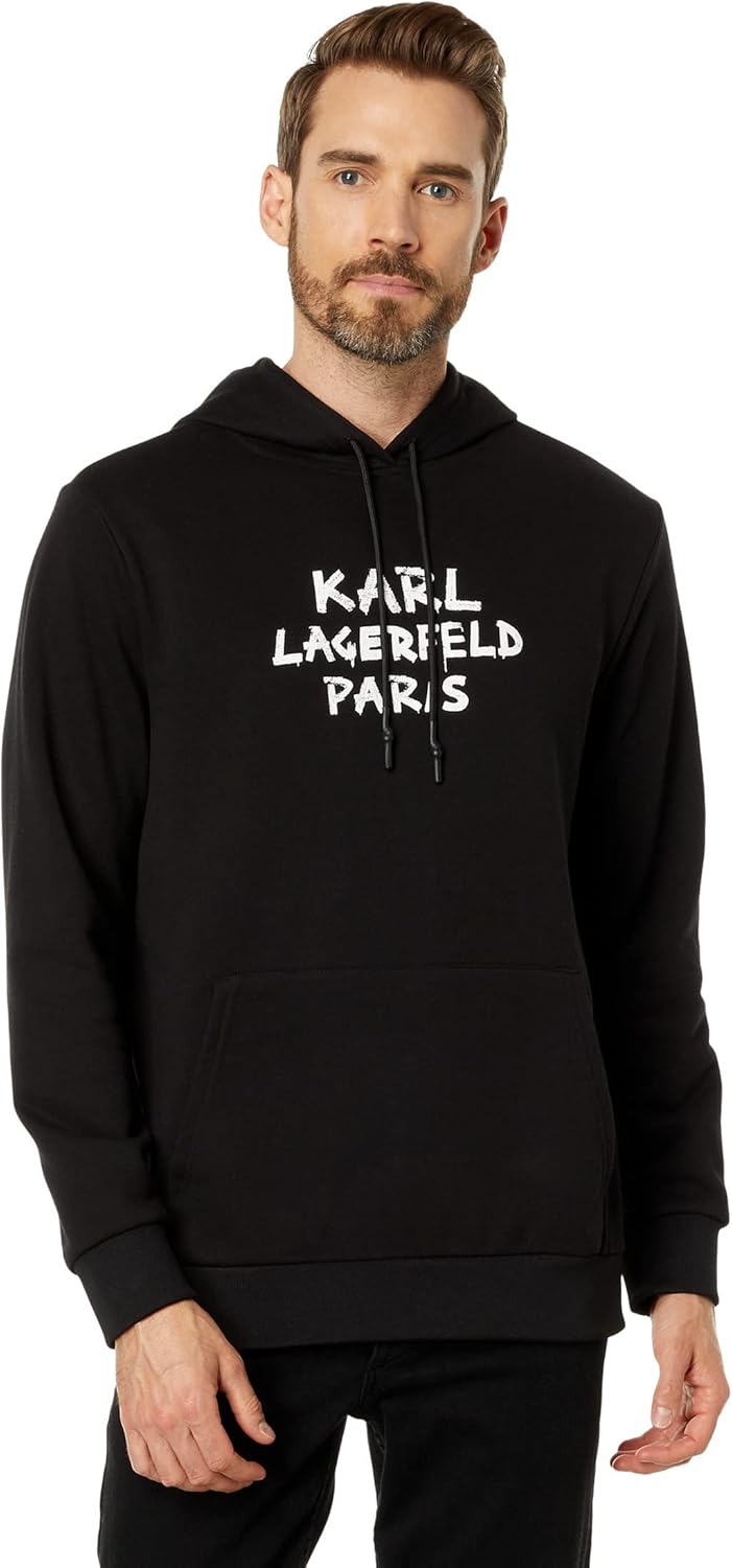 KARL LAGERFELD mens Solid Center Logo Drawcord Hoodie