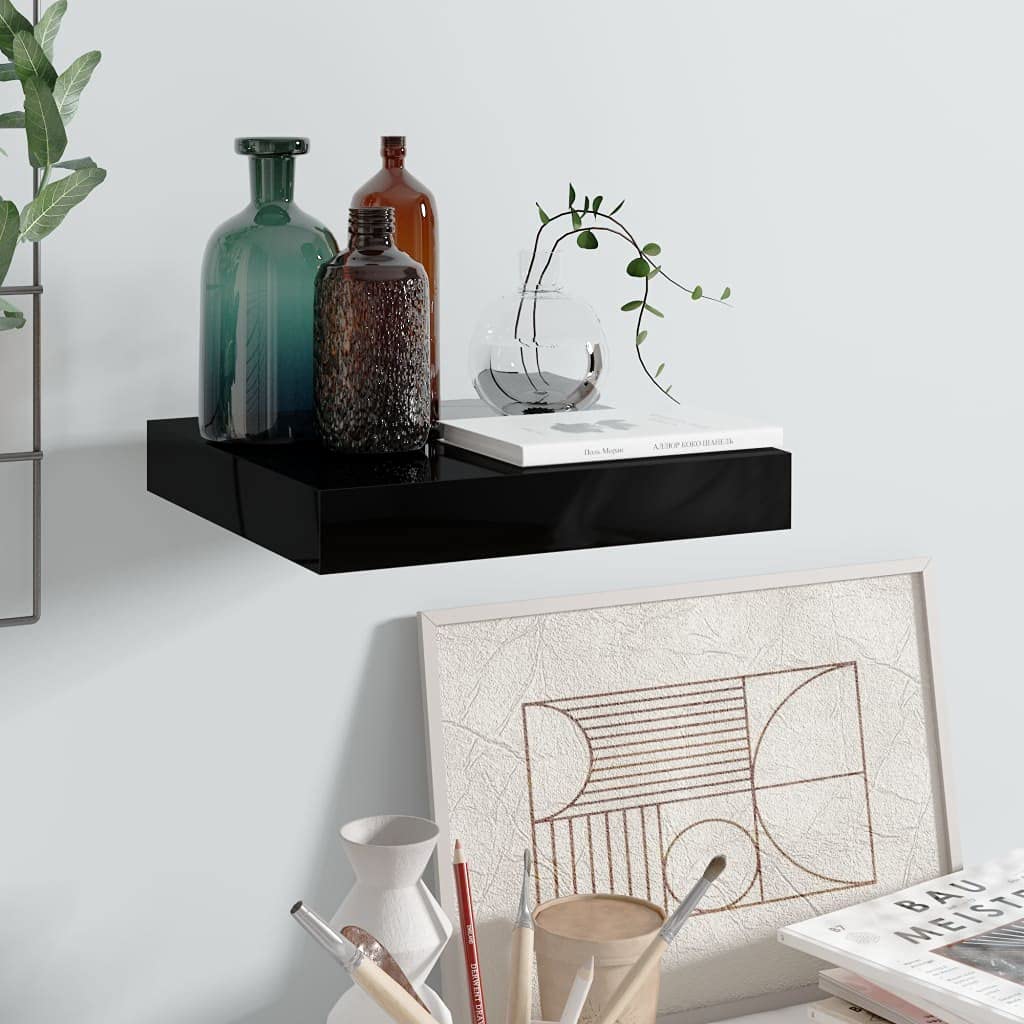 YUANCHUTOP Floating Shelves, Black Gloss Wall Mounted Shelf with Invisible Brackets Book Plant Display Rack Storage for Bathroom Living Room Bedroom Entryway Hallway, 23cm