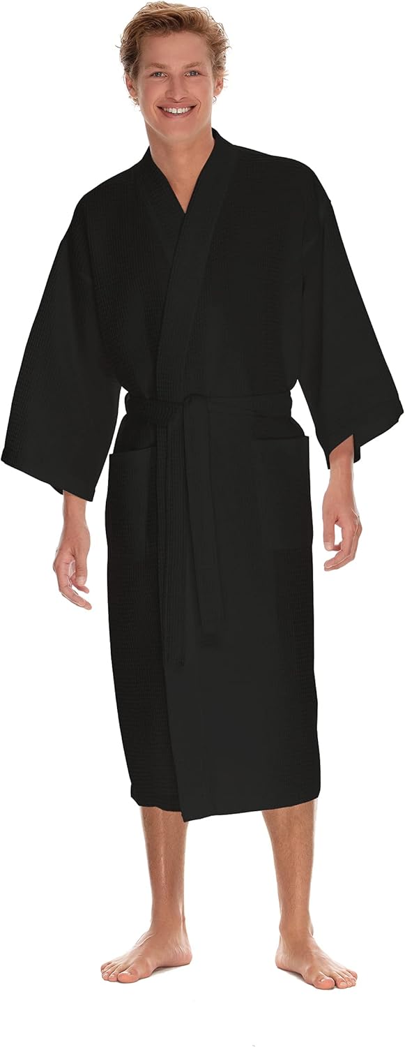 Men's Waffle Robe by BOCA TERRY, Waffle Knit Spa Robe, Long Lightweight Cotton Kimono Hotel Bathrobe
