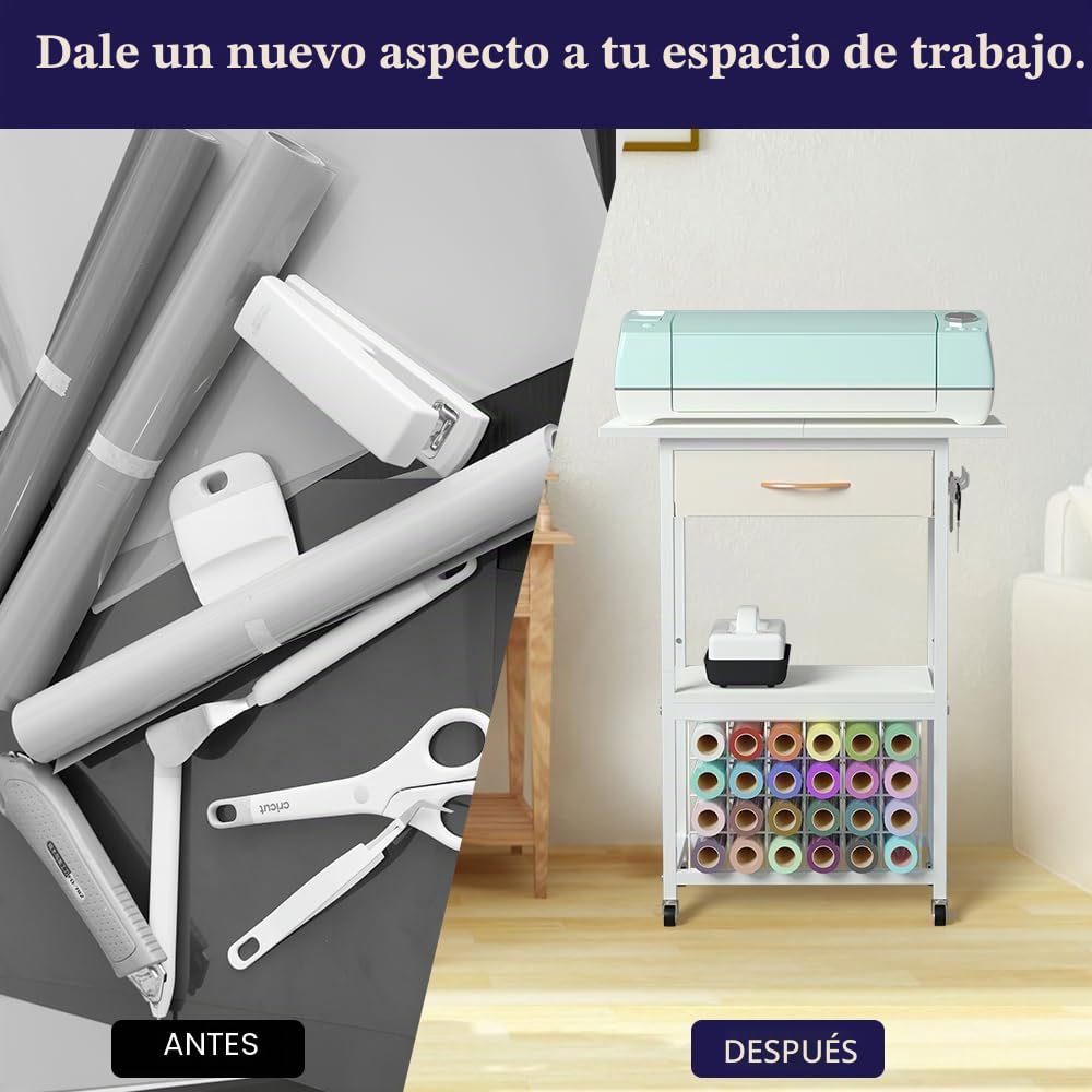 Organizadores y Almacenamiento Compatibles con Máquinas Cricut, Carrito de Almacenamiento para Manualidades con Cajón, Mesa para Manualidades con Soportes para Rollos de Vinilo, Estación de