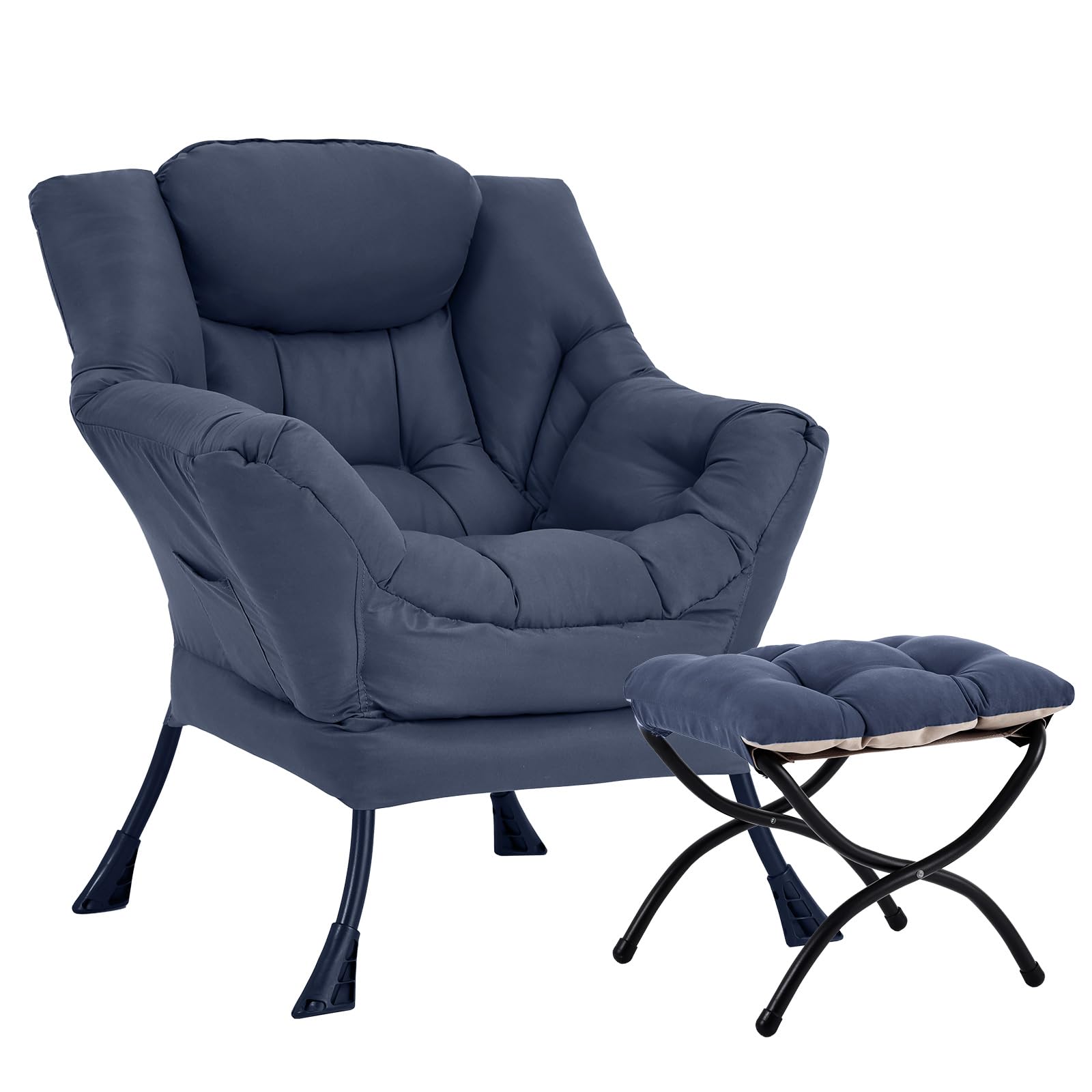 HomEastlly Lazy Chair with Ottoman, Large Navy Accent Chair with Ottoman, Comfy Reading Armchair, Leisure Sofa Chair for Living Room, Bedroom, Dorm