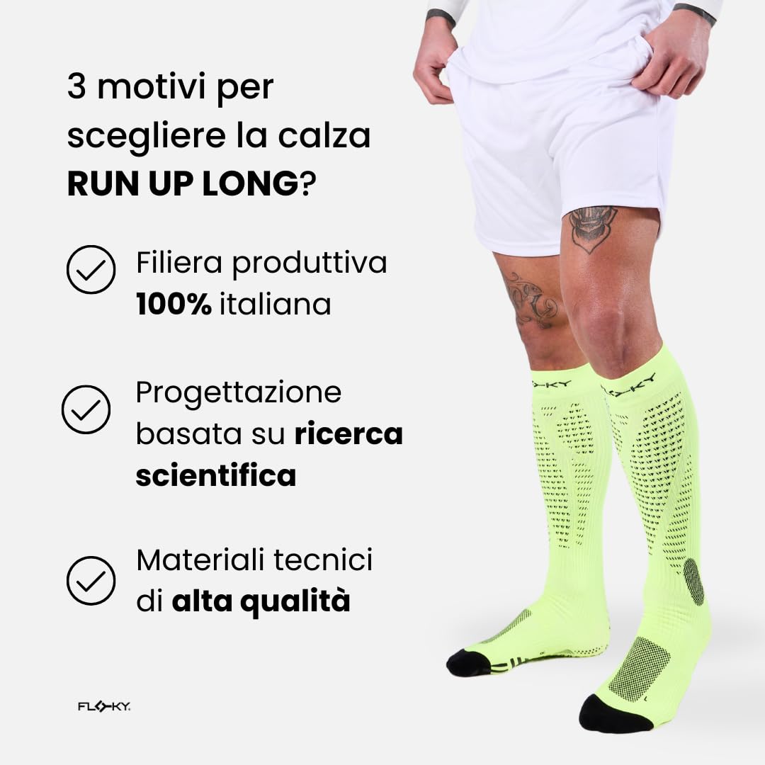 FLOKY RUN UP LONG calze biomeccaniche per running e trekking. Calza alta a compressione. Protezione tendine d'Achille e muscoli gamba, supporto plantare. Massima riduzione vibrazioni